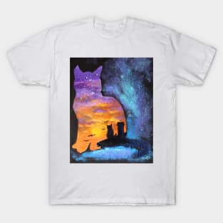 turquoise galaxy stars  orange sunset  cat silhouette T-Shirt